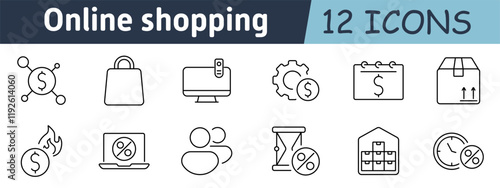 Online shopping set icon. Dollar symbol, shopping bag, computer, cogwheel, calendar, delivery box, promotional discounts, fast shipping, sales, limited-time offers, global trade, retail.
