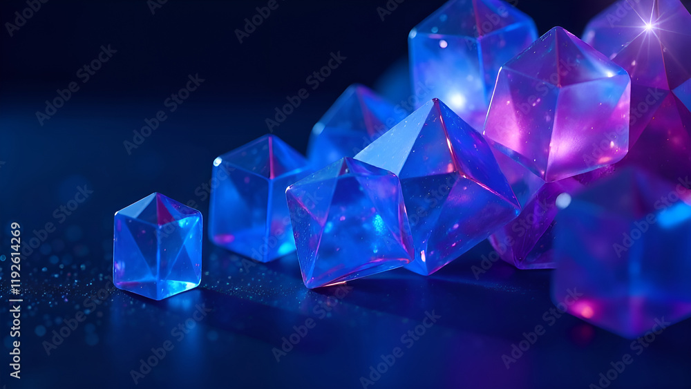 Abstract Background. A beautifully arranged row of stunning blue and purple crystals resting gracefully on a striking black surface, creating a captivating visual appeal