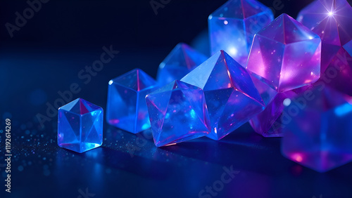 Abstract Background. A beautifully arranged row of stunning blue and purple crystals resting gracefully on a striking black surface, creating a captivating visual appeal