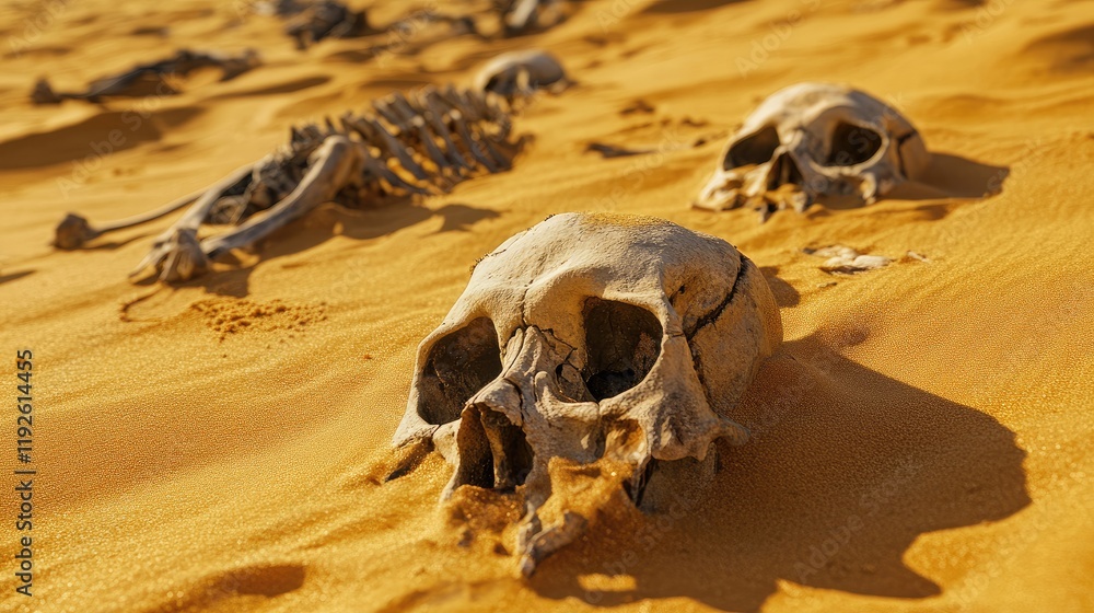 Obraz premium Animal bones partially buried in golden sand of a desert landscape highlighting natural decay and environmental elements.