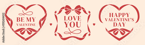 Heart shaped card templates with love messages. Elegant valentines with romantic ribbons, chic bows