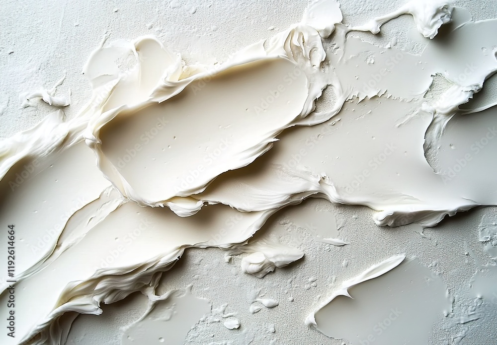 A close-up of white cream on the surface, with some areas melted and spread out. The background is a light gray color. A close-up of white cream on the surface, with some areas melted and spread out. The background is a light gray color.