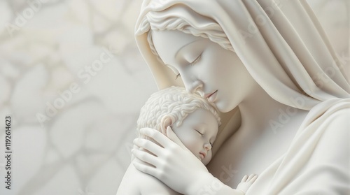 Serene Madonna and Child statue. White marble sculpture, religious art, mother and baby, peaceful, tender, faith, hope, love