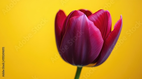 Close up of vibrant claret tulip against a bright yellow background showcasing natural beauty and floral elegance photo