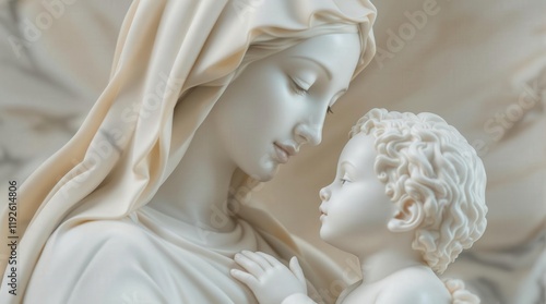 Serene Madonna and Child statue. White marble sculpture, religious art, mother and baby, peaceful, tender, faith, hope, love