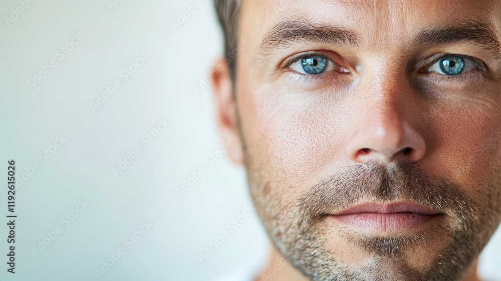 Fototapeta premium Close up portrait of a man with striking blue eyes and facial stubble against a soft white background showcasing natural beauty and clarity