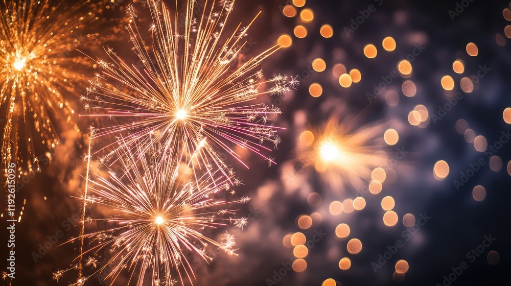 Naklejka premium Vibrant fireworks display illuminating the night sky with sparkling particles and colorful light bursts