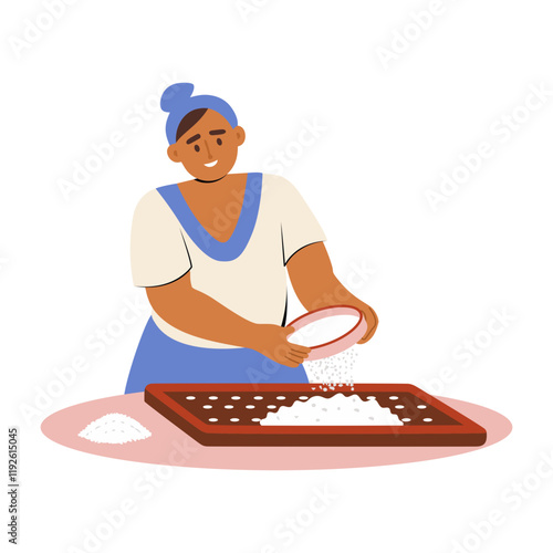 A woman sifting flour illustration in flat style 
