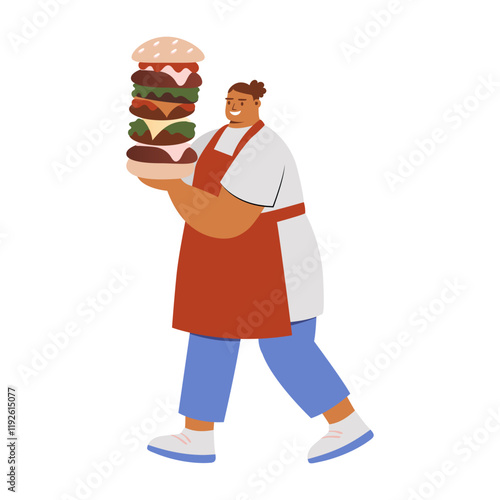 A flat illustration of a character serving burger 