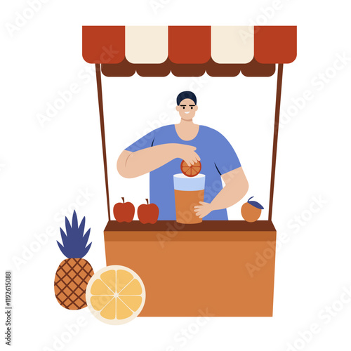 A flat illustration of a character standing at a juice stall 

