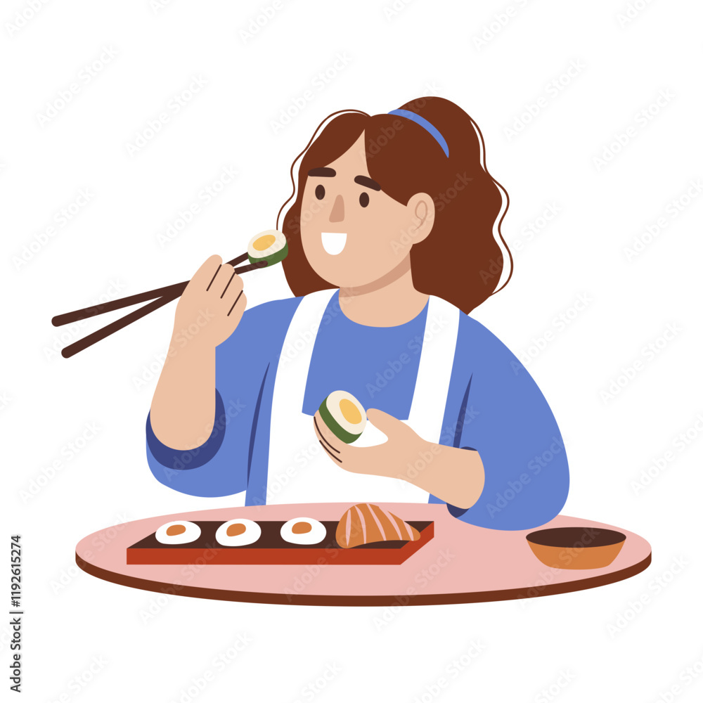 A flat illustration of a woman eating sushi with chopsticks A flat illustration of a woman eating sushi with chopsticks