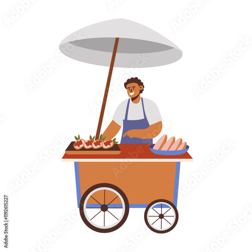 A flat illustration of a character standing at a food stall 

