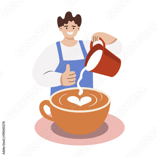 A flat illustration of a character making coffee 

