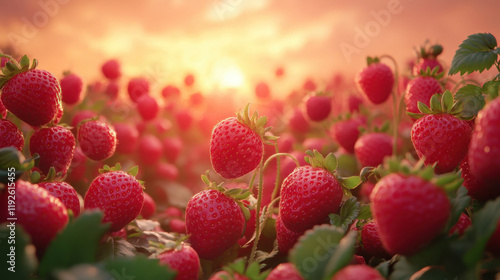 vibrant strawberry field at sunset, showcasing ripe red strawberries surrounded by lush green leaves. warm glow of sun enhances beauty of this natural scene