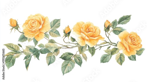 Fototapeta Naklejka Na Ścianę i Meble -  Elegant watercolor yellow roses adorned with lush green leaves on a pristine white background ideal for gifts and decorative purposes