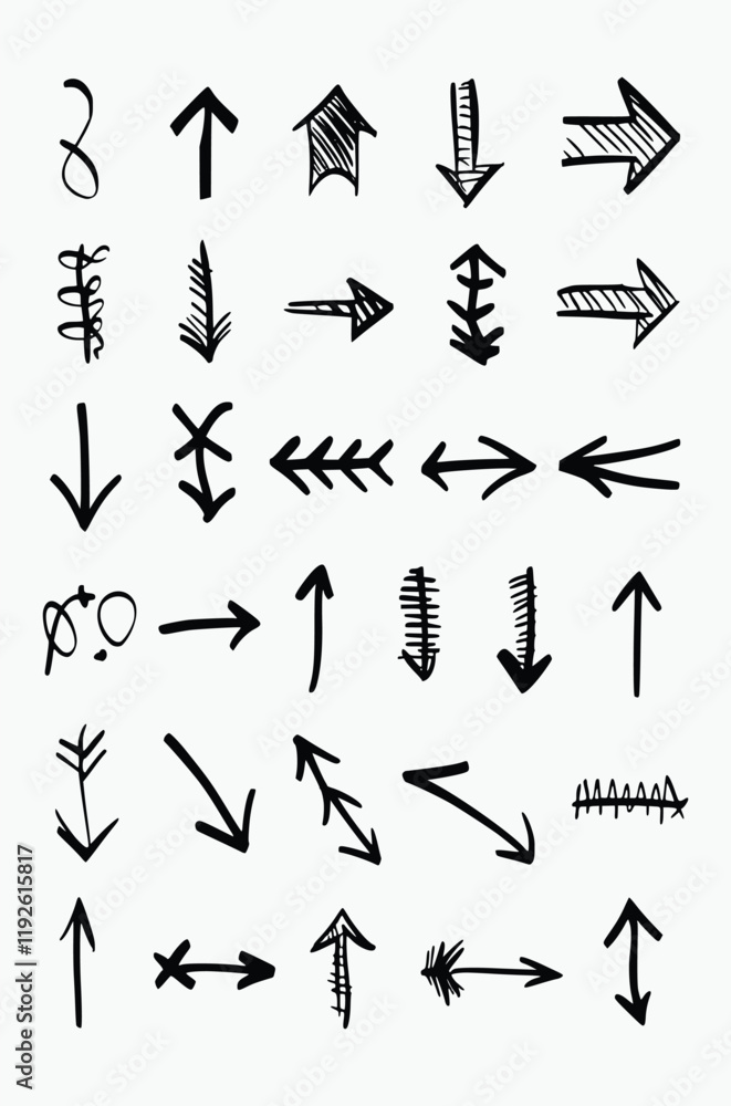collection of hand-drawn arrow symbols. Created with simple black lines on a clean background, the arrows display a wide variety of styles. These range from standard straight arrows pointing collection of hand-drawn arrow symbols. Created with simple black lines on a clean background, the arrows display a wide variety of styles. These range from standard straight arrows pointing