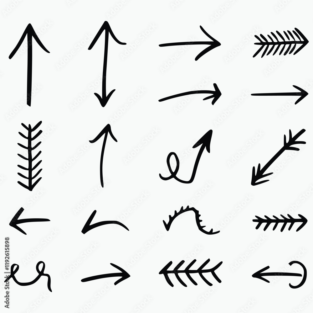 collection of hand-drawn arrow symbols. Created with simple black lines on a clean background, the arrows display a variety of styles, from standard straight arrows pointing in various directions (up, collection of hand-drawn arrow symbols. Created with simple black lines on a clean background, the arrows display a variety of styles, from standard straight arrows pointing in various directions (up,
