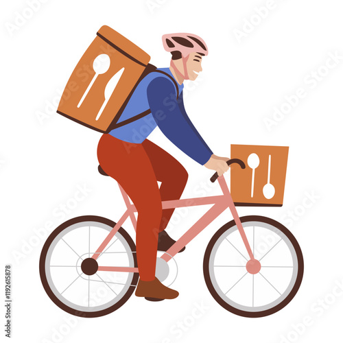 Delivery person riding a bicycle, flat style illustration
