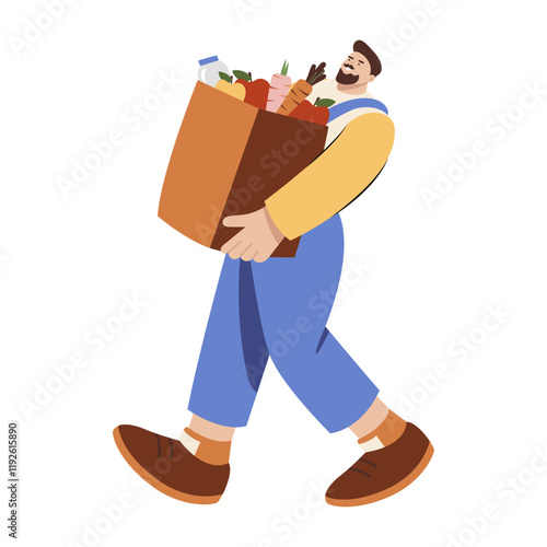 A flat illustration of a man doing grocery delivery 
