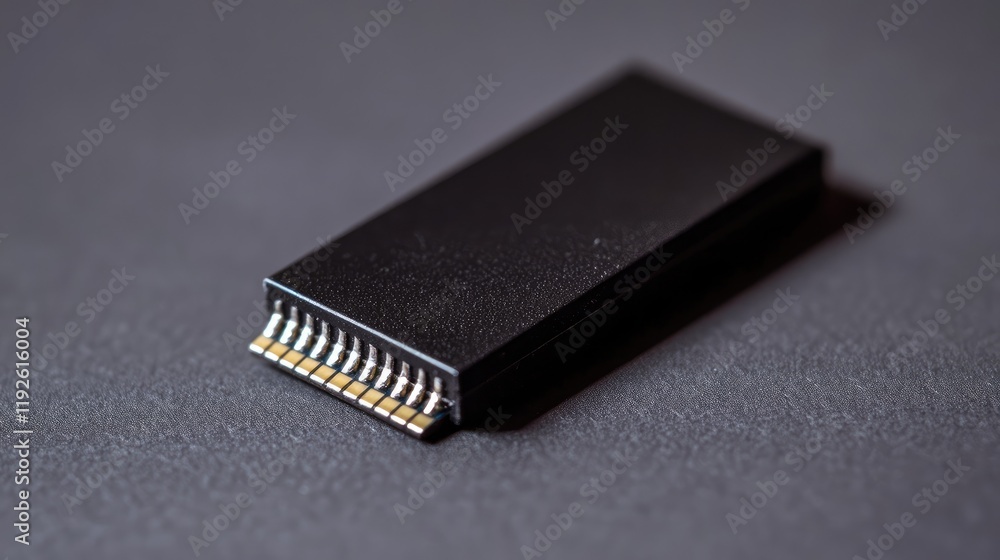 Close up of a black microchip on a dark background perfect for technology promotions and gadget advertisement content Close up of a black microchip on a dark background perfect for technology promotions and gadget advertisement content