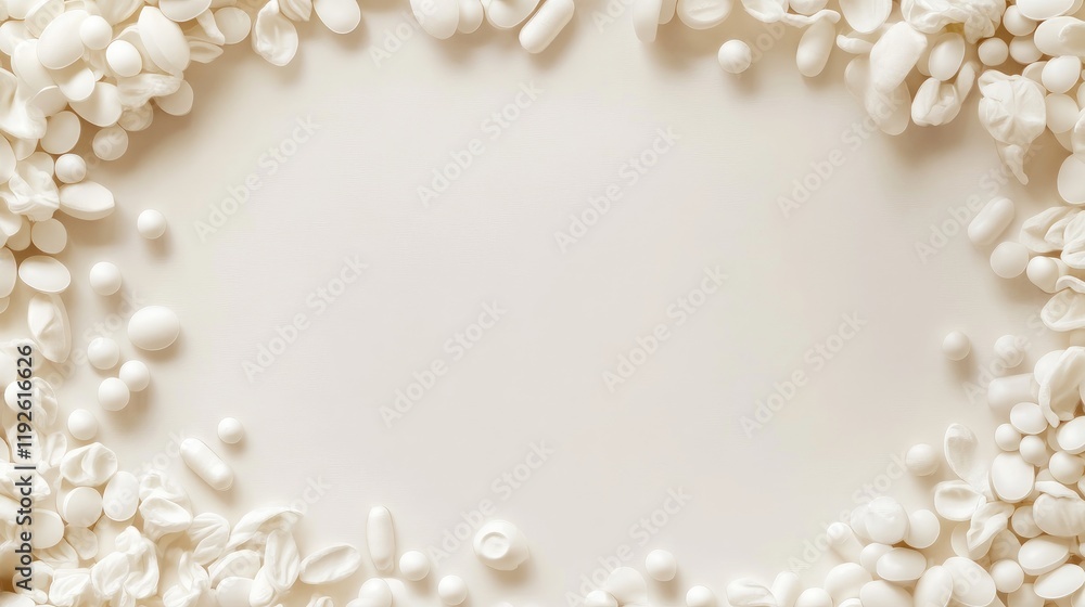 Banner background composed of assorted white pills with ample empty space for text or branding purposes in a clean layout. Banner background composed of assorted white pills with ample empty space for text or branding purposes in a clean layout.