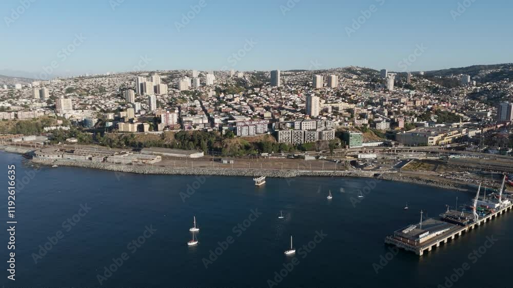 Aerial Drone View Of Valparaiso City In Chile, Coastal Urban Landscape Of Port City Aerial Drone View Of Valparaiso City In Chile, Coastal Urban Landscape Of Port City