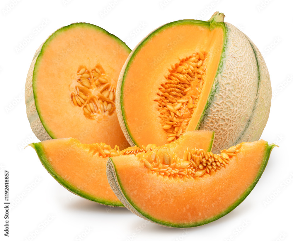 Cantaloupe melon and melon slices isolated on white background. File contains clipping path. Cantaloupe melon and melon slices isolated on white background. File contains clipping path.