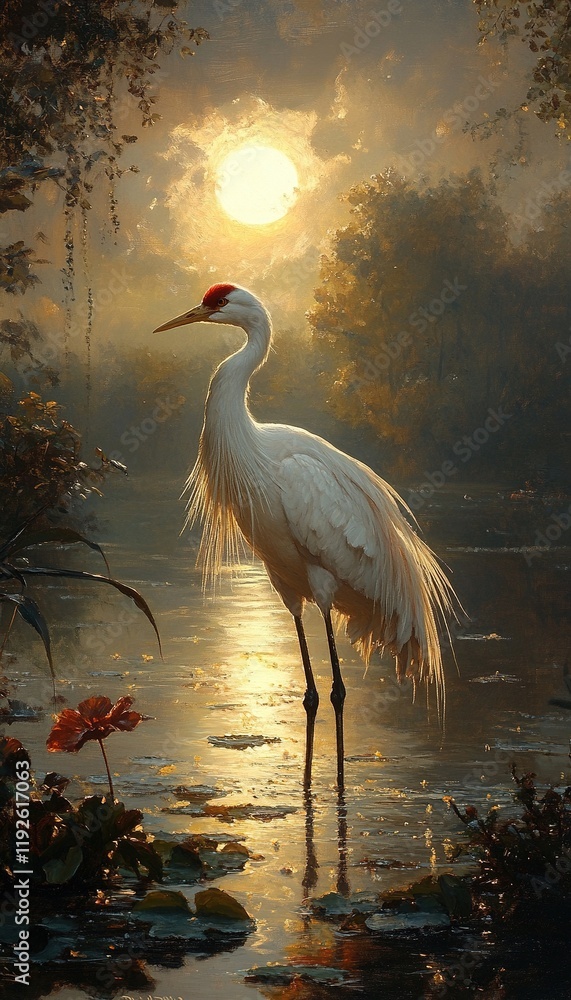 Fototapeta premium White crane wading in misty swamp at sunrise