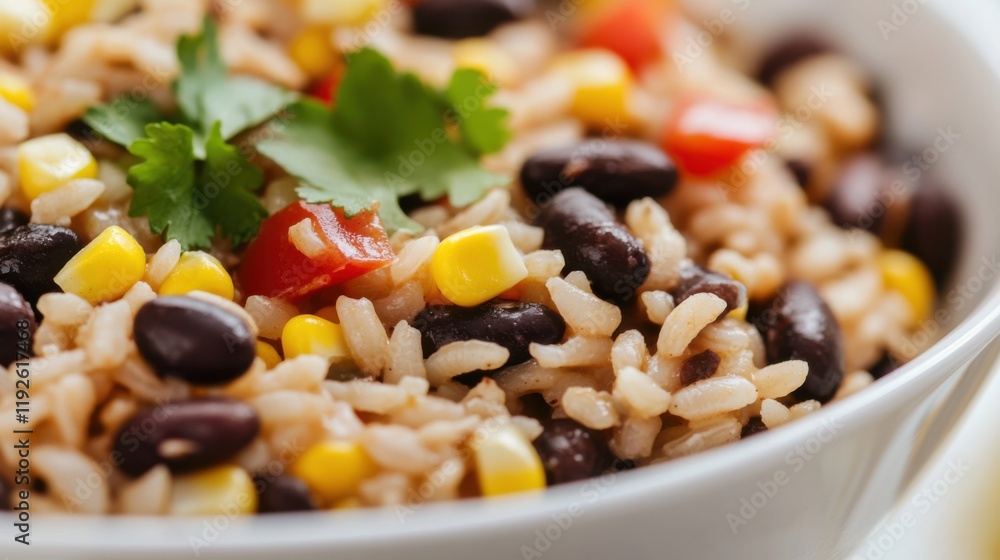 Close-up of a bowl of rice with black beans and corn on a modern white plate, highlighting a healthy and colorful vegetarian meal. Ideal for health-focused recipes and food blogs. Close-up of a bowl of rice with black beans and corn on a modern white plate, highlighting a healthy and colorful vegetarian meal. Ideal for health-focused recipes and food blogs.