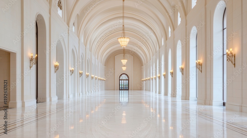 Obraz premium A spacious, elegantly designed hallway featuring arched windows, marble flooring, and soft lighting, creating a serene and sophisticated atmosphere.