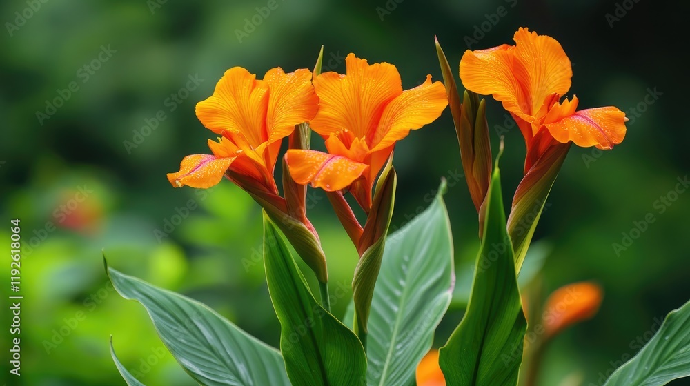 Vibrant Canna Lily Blooms Surrounded by Lush Green Foliage in a Serene Garden Setting Vibrant Canna Lily Blooms Surrounded by Lush Green Foliage in a Serene Garden Setting