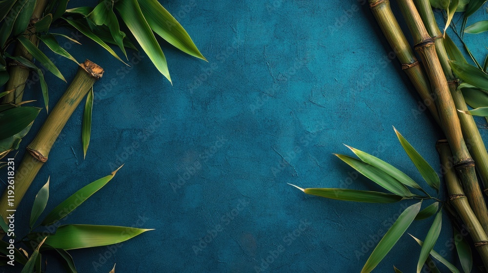 Bamboo leaves and stalks arranged on a textured blue paper background creating a serene and natural composition for design purposes Bamboo leaves and stalks arranged on a textured blue paper background creating a serene and natural composition for design purposes