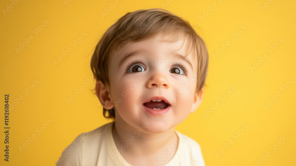 close up portrait of joyful 4 year old boy with bright eyes and cheerful expression against vibrant yellow background. His innocence and curiosity shine through close up portrait of joyful 4 year old boy with bright eyes and cheerful expression against vibrant yellow background. His innocence and curiosity shine through