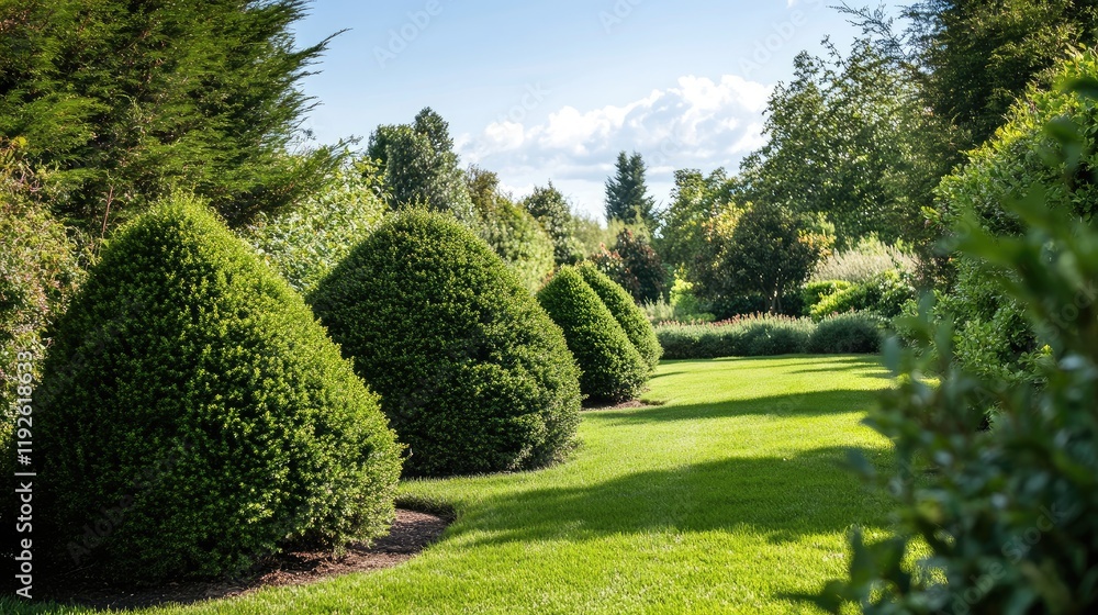 Lush green yew trees in a serene garden setting under bright blue skies with fluffy clouds Lush green yew trees in a serene garden setting under bright blue skies with fluffy clouds