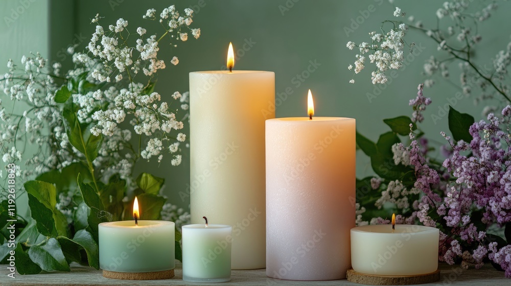 Serene Candle Arrangement with Fresh Flowers in Soft Natural Lighting Serene Candle Arrangement with Fresh Flowers in Soft Natural Lighting