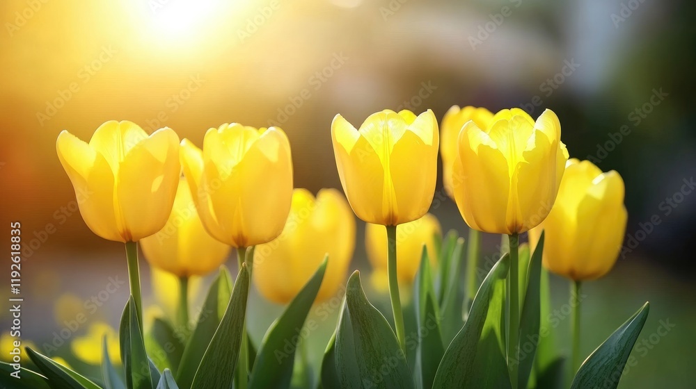 Obraz premium Vibrant yellow tulips basking in sunlight, showcasing nature's beauty and elegance in a serene garden setting.