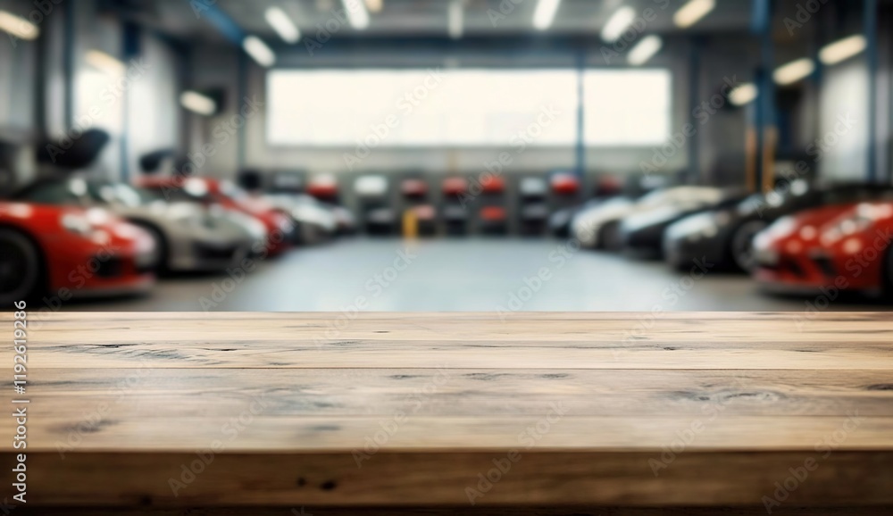 Blurred background of an automotive workshop with cars and a wooden table for product display or montage your products Blurred background of an automotive workshop with cars and a wooden table for product display or montage your products