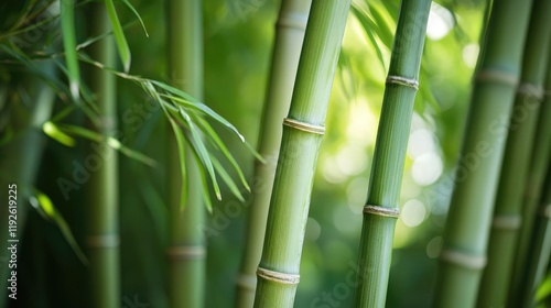 Lush green bamboo stalks in natural sunlight representing tranquility and nature's beauty in a serene environment