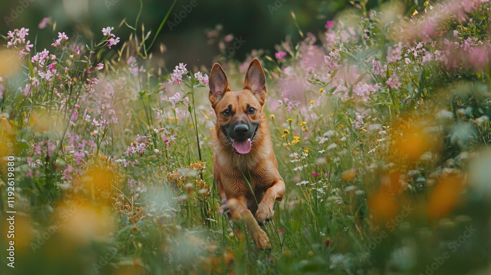A playful dog running through a field of wildflowers, bright natural light, joyful atmosphere A playful dog running through a field of wildflowers, bright natural light, joyful atmosphere
