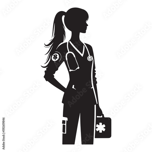 Paramedic Silhouette Vector Illustration, Solid White Background.