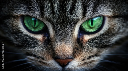 Close up portrait of a Maine Coon cat showcasing striking green eyes and intricate facial patterns against a dark background photo