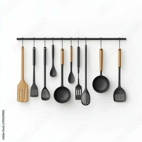 Kitchen Utensils Display Modern Home Photography Minimalist Setting Top View Culinary Essentials photo