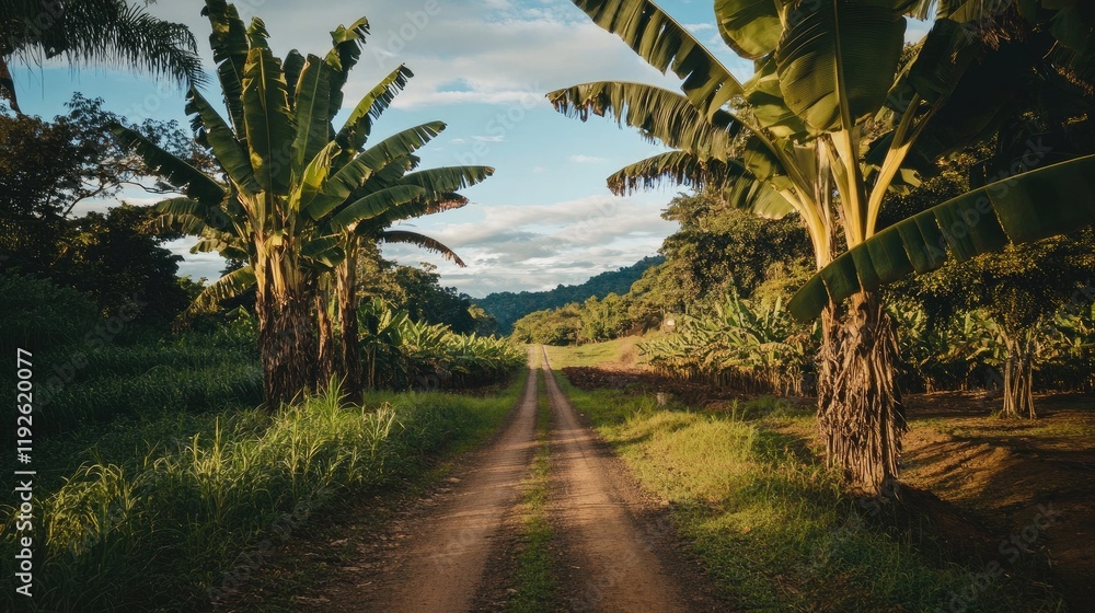 Banana trees lining a rural pathway during harvest season under a scenic landscape with lush green surroundings. Banana trees lining a rural pathway during harvest season under a scenic landscape with lush green surroundings.