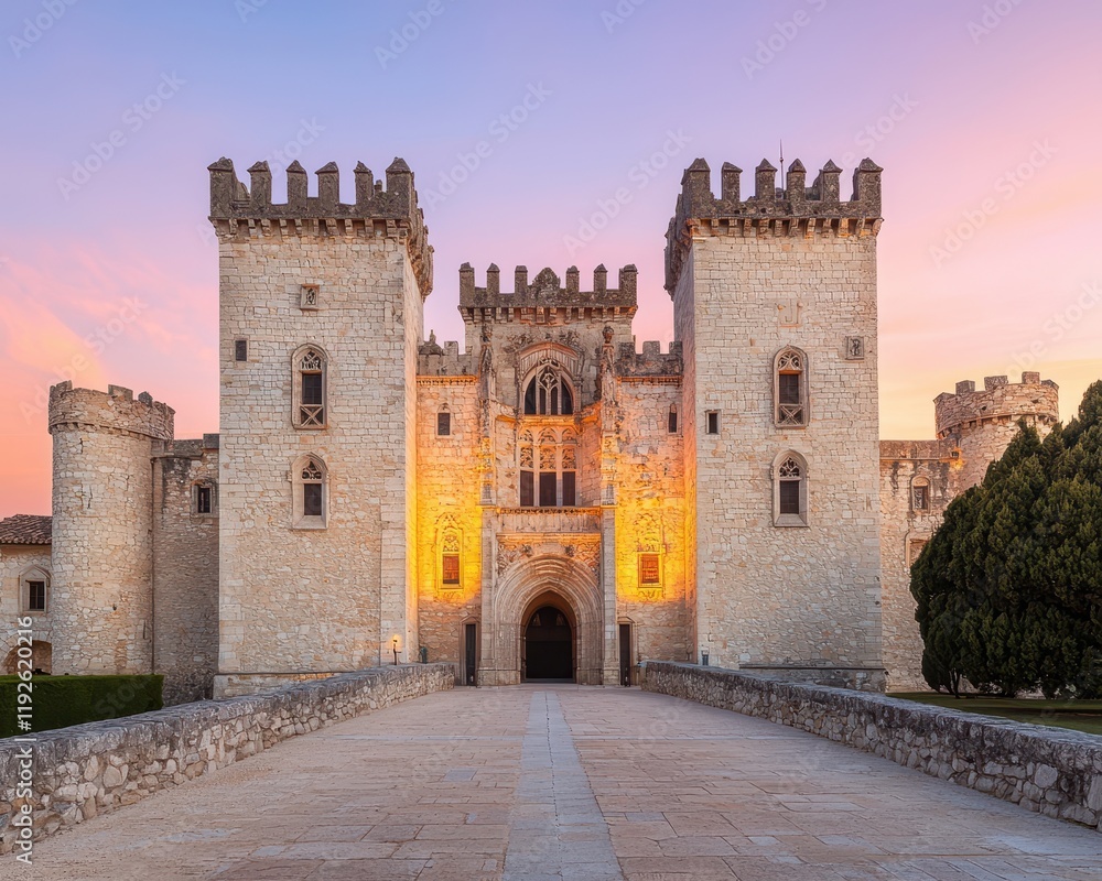 Obraz premium A majestic castle with tall towers and stone walls, illuminated at sunset, surrounded by greenery and a pathway leading to its grand entrance.
