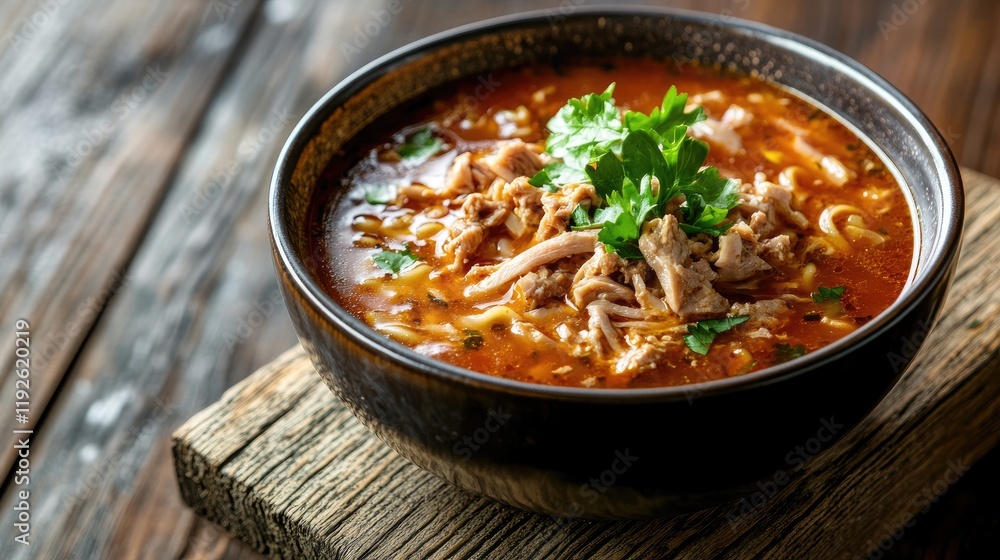 Delicious turkey noodle soup garnished with fresh herbs served in a rustic bowl on a wooden table background Delicious turkey noodle soup garnished with fresh herbs served in a rustic bowl on a wooden table background