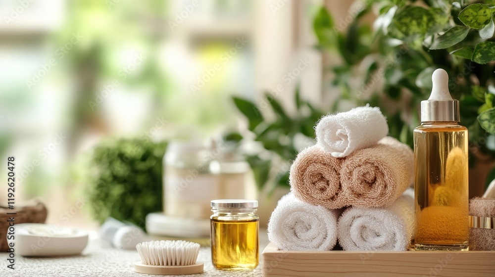 Spa essentials with towels oils and aromatherapy products on a wooden table in a serene environment for relaxation and wellness concepts. Spa essentials with towels oils and aromatherapy products on a wooden table in a serene environment for relaxation and wellness concepts.