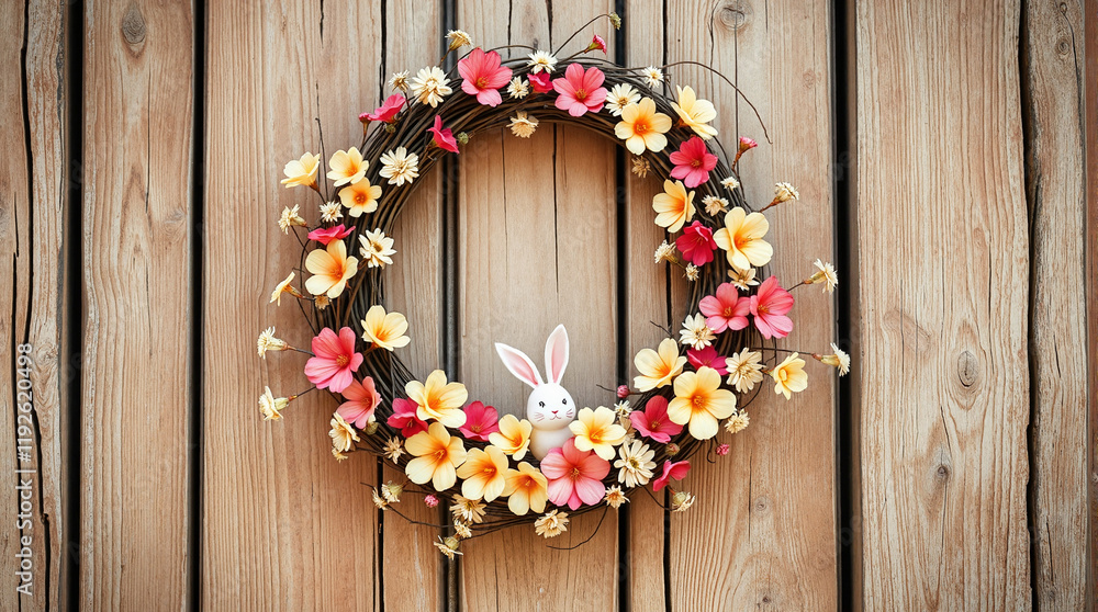Easter wreath with flowers and bunny against wooden background Easter wreath with flowers and bunny against wooden background