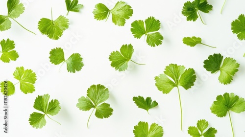 Fresh coriander leaves arranged on a white background showcasing vibrant green hues and intricate leaf textures in a macro view.
