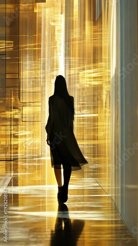 Wallpaper Mural Elegant silhouette walking through a golden illuminated corridor in a modern architectural space at twilight Torontodigital.ca