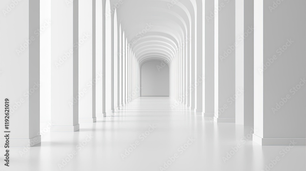 Obraz premium Blurred abstract background idea. A spacious, minimalist corridor with white walls and arches creating an endless perspective.